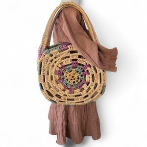 Woven Round Straw Shoulder Bag in Natural with Pink & Green Accents